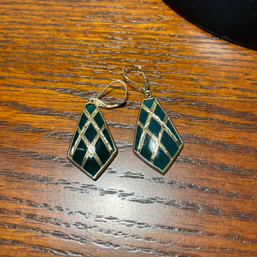 14K yellow Gold Geometric Green and Gold Dangle  Earrings
